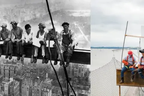 Obreros en Nueva York, una foto icónica de trabajadores almorzando en una viga, comparada con obreros modernos en una obra.