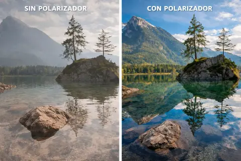Comparación de paisaje de lago: sin polarizador (izq.) con reflejos apagados y bruma; con polarizador CPL (der.) para que sirve: realza colores, cielos y reflejos nítidos.