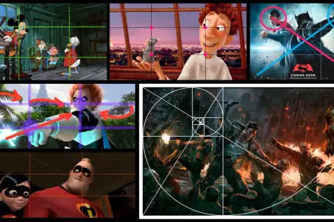 Composiciones visuales de películas y arte, algunas con guías de cuadrícula y espiral de Fibonacci, mostrando cómo romper las reglas de la composición para crear impacto.