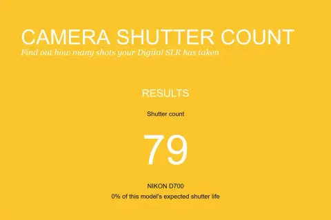 Resultado de camera shutter count: 79 disparos en una Nikon D700, apenas usada.