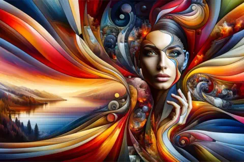 Un rostro femenino emerge de un torbellino de colores vibrantes que se funden con un paisaje de montaña y lago. Cada detalle, un punto de inspiración.
