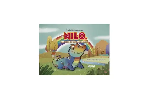 Nilo, un cocodrilo diferente, sonríe bajo un arcoíris. La portada del libro de Estela Merino Gómez muestra un paisaje colorido.