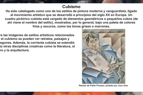 Retrato cubista de Pablo Picasso por Juan Gris, ejemplo de los estilos pictóricos vanguardistas del siglo XX, con formas geométricas y paleta de grises.