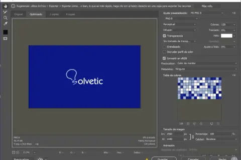 Ventana "Guardar para Web" en Photoshop, mostrando opciones para mejorar calidad de imagen photoshop, como ajustes de transparencia y tamaño.