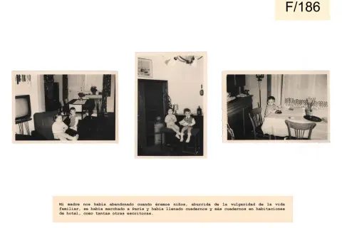Tres fotos antiguas de niños en interiores. Una de ellas muestra a dos niños sentados en taburetes, con un texto que evoca recuerdos de infancia y la partida de su madre. Son fotos impactantes.