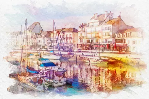 Un puerto con veleros atracados, edificios de estilo europeo y reflejos vibrantes en el agua, como si hubieran decidido pasar foto a acuarela.