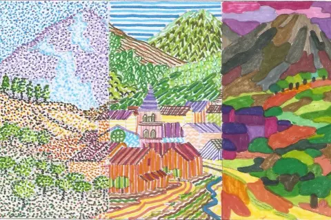 Paisaje dividido en tres secciones: punto, línea y plano. Montañas, pueblo y campos de cultivo con colores vibrantes.