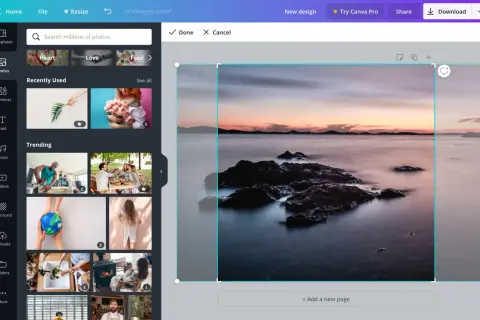 Interfaz de edición de imágenes, se está por recortar parte de una imagen de un paisaje marino al atardecer.