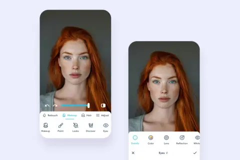 Interfaz de edición de fotos para quitar ojos rojos. Muestra a una mujer pelirroja con ojos azules y pecas.