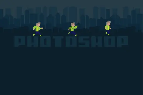 Tres figuras pixeladas corren sobre la palabra "PHOTOSHOP" contra un fondo de siluetas de edificios.