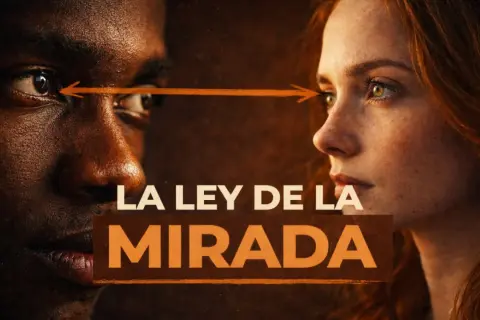 Primeros planos de un hombre y una mujer mirándose, con una flecha naranja que conecta sus ojos, sugiriendo líneas implícitas de conexión y tensión.