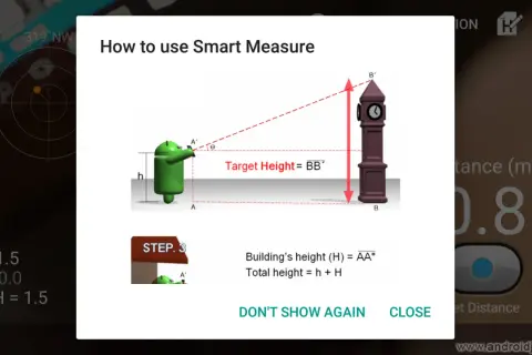 Instrucciones para medir la altura de un edificio usando una app. Un personaje verde apunta a una torre.