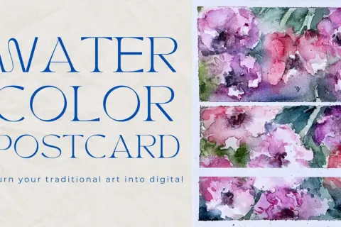 Tarjetas postales con efecto acuarela online. Flores pintadas a mano en tonos rosas y morados, con texto "Watercolor Postcard".