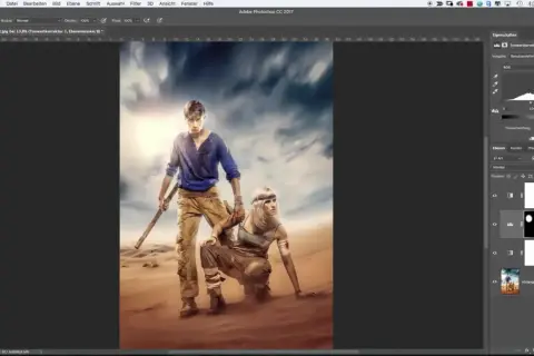 Dos figuras en un paisaje desértico, con una capa de ajuste de Photoshop "Tonwertkorrektur" visible en el panel de capas.