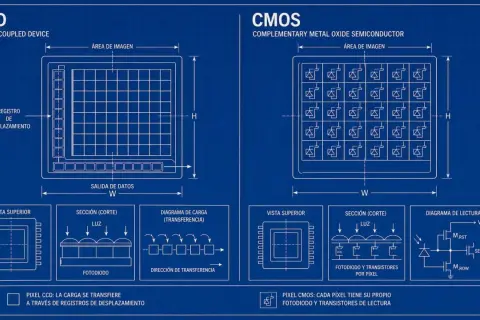 Diagrama comparativo de CCD vs CMOS, mostrando la arquitectura de cada sensor y cómo procesan la luz.