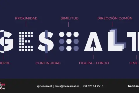 La palabra "GESALT" se forma con elementos visuales que ilustran principios de la **teoría de la Gestalt**: cierre, proximidad, continuidad, similitud, figura+fondo y simetría.