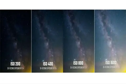 Comparación de la Vía Láctea con diferentes ajustes de iso camera: 200, 400, 800 y 1600, con exposición de 30 segundos.