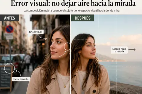 Comparativa de cómo **encuadrar fotos** para mejorar la composición. Izquierda: sin espacio visual, fondo distractor. Derecha: con espacio hacia la mirada.