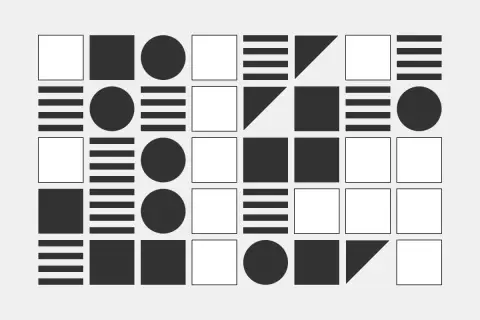 Composición geométrica con cuadrados, círculos y líneas en una forma abstracta.