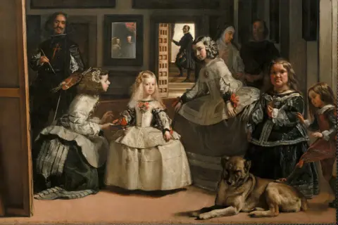 Un dibujo de Las Meninas: el pintor Velázquez, la infanta Margarita, sus damas, una monja, un guardadamas y un perro en una escena palaciega.