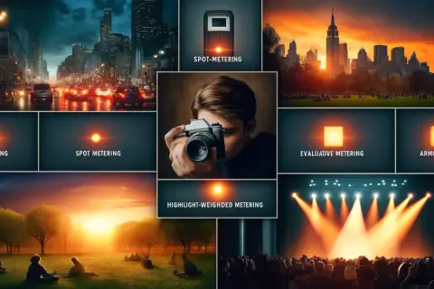 Collage de fotografía que muestra diferentes tipos de medición de luz, incluyendo medición puntual, evaluativa y ponderada a la luz.
