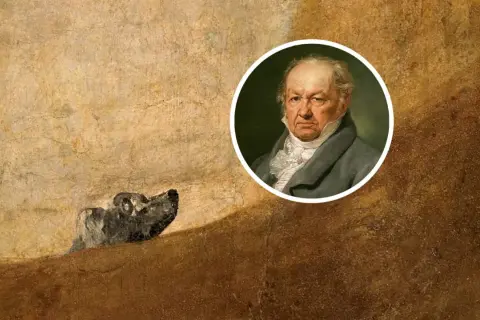 El perro de Goya emerge de la tierra, mientras su autor, Francisco de Goya, observa con seriedad.