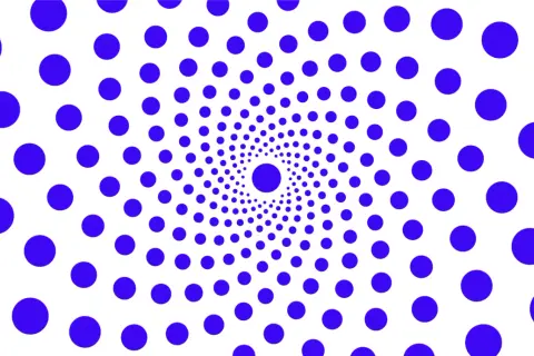 Círculos azules dispuestos en espiral, un ejemplo visual de la ley de semejanza, creando un efecto hipnótico.