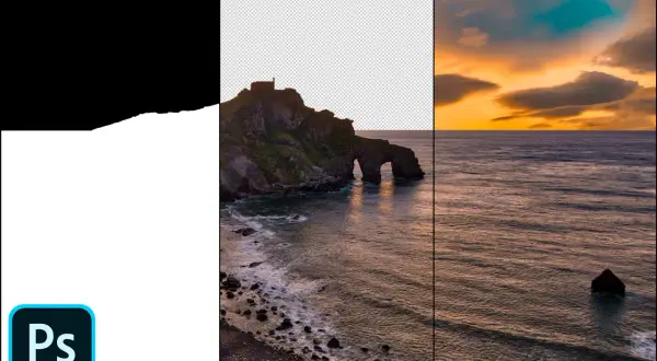 Imagen dividida: costa rocosa con arco, mar y cielo al atardecer. Se muestra el logo de Photoshop y una **máscara de capa** en proceso.