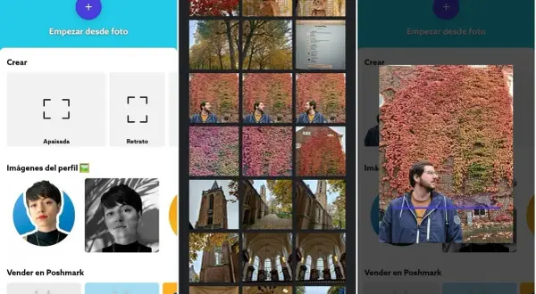 App de edición de fotos para **photorooms eliminar fondo**. Muestra opciones para crear plantillas, editar fotos y vender en Poshmark.