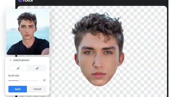 Interfaz de Fotor para recortar una persona de una foto, mostrando la cabeza de un joven sobre un fondo transparente y herramientas de edición.