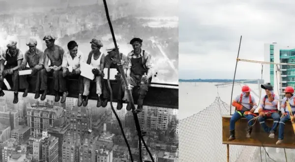 Obreros en Nueva York, una foto icónica de trabajadores almorzando en una viga, comparada con obreros modernos en una obra.