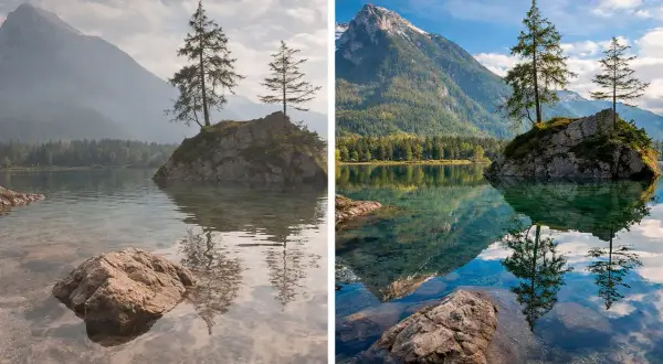 Comparación de paisaje de lago: sin polarizador (izq.) con reflejos apagados y bruma; con polarizador CPL (der.) para que sirve: realza colores, cielos y reflejos nítidos.