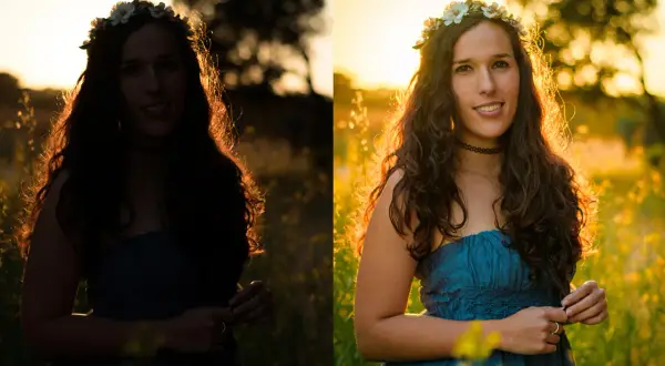Comparación de fotografía: lado izquierdo con sobreexposición, lado derecho con luz dorada y detalles visibles.