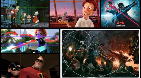 Composiciones visuales de películas y arte, algunas con guías de cuadrícula y espiral de Fibonacci, mostrando cómo romper las reglas de la composición para crear impacto.