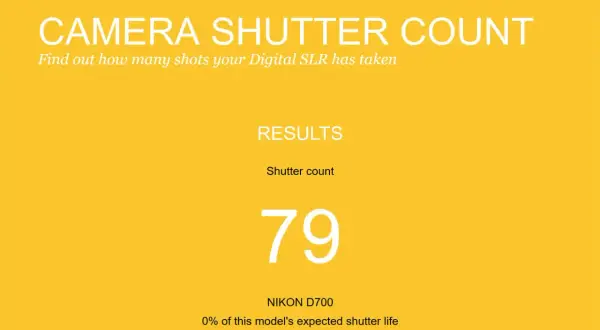 Resultado de camera shutter count: 79 disparos en una Nikon D700, apenas usada.