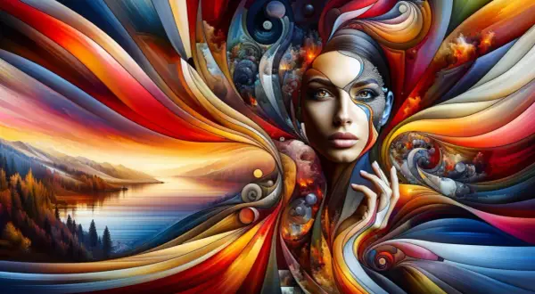 Un rostro femenino emerge de un torbellino de colores vibrantes que se funden con un paisaje de montaña y lago. Cada detalle, un punto de inspiración.