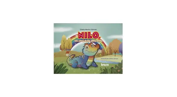 Nilo, un cocodrilo diferente, sonríe bajo un arcoíris. La portada del libro de Estela Merino Gómez muestra un paisaje colorido.