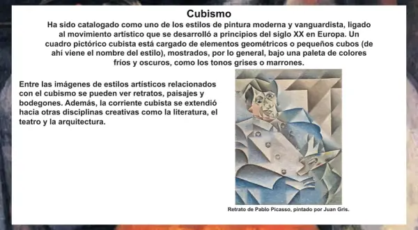 Retrato cubista de Pablo Picasso por Juan Gris, ejemplo de los estilos pictóricos vanguardistas del siglo XX, con formas geométricas y paleta de grises.