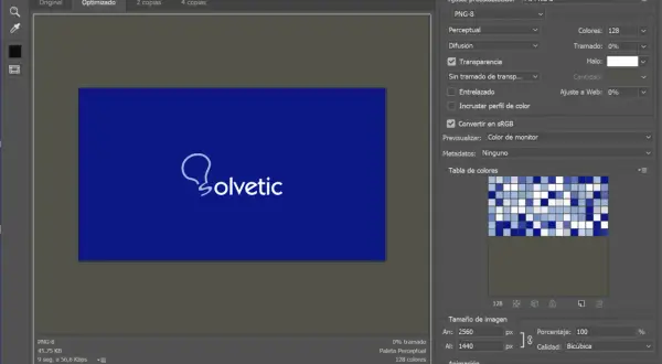 Ventana "Guardar para Web" en Photoshop, mostrando opciones para mejorar calidad de imagen photoshop, como ajustes de transparencia y tamaño.