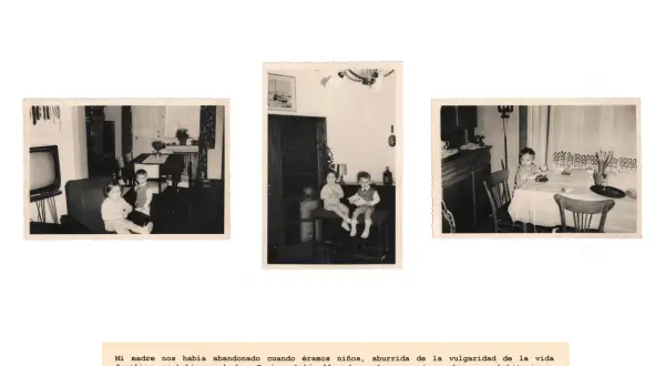 Tres fotos antiguas de niños en interiores. Una de ellas muestra a dos niños sentados en taburetes, con un texto que evoca recuerdos de infancia y la partida de su madre. Son fotos impactantes.