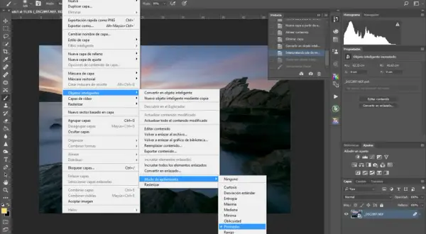 En Photoshop, se muestra el menú "Capa" con la opción "Modo de apilamiento" seleccionada, mostrando "Promedio" como método para apilar fotos.