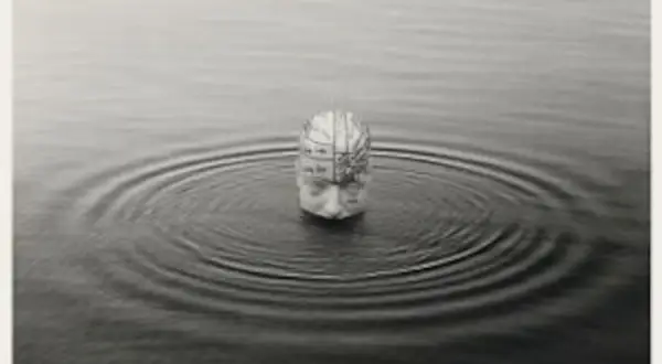 Una cabeza humana con un mapa cerebral emerge del agua, creando ondas concéntricas. Una de las icónicas chema madoz fotos.