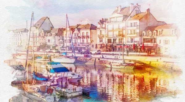 Un puerto con veleros atracados, edificios de estilo europeo y reflejos vibrantes en el agua, como si hubieran decidido pasar foto a acuarela.