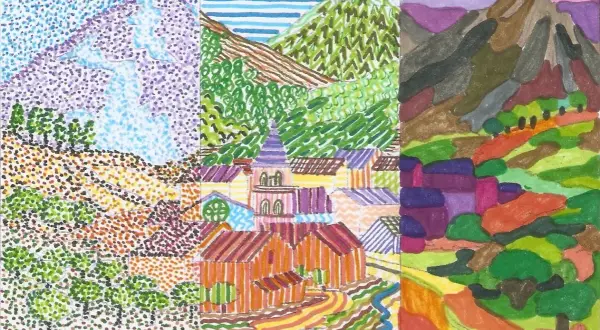 Paisaje dividido en tres secciones: punto, línea y plano. Montañas, pueblo y campos de cultivo con colores vibrantes.