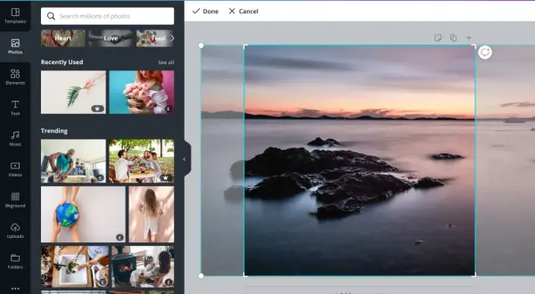 Interfaz de edición de imágenes, se está por recortar parte de una imagen de un paisaje marino al atardecer.