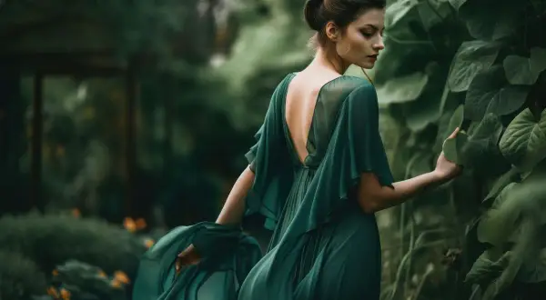 Mujer con vestido verde esmeralda, en un jardín exuberante. Estilos de fotos etéreos y románticos.