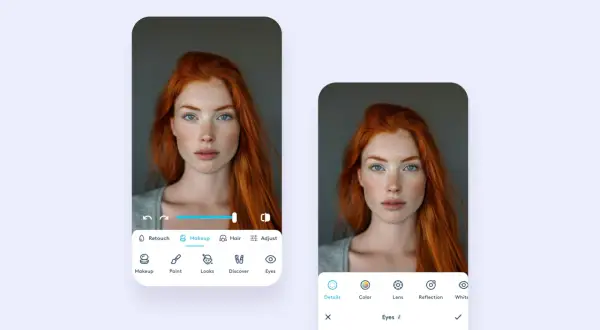 Interfaz de edición de fotos para quitar ojos rojos. Muestra a una mujer pelirroja con ojos azules y pecas.