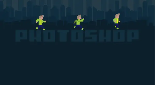 Tres figuras pixeladas corren sobre la palabra "PHOTOSHOP" contra un fondo de siluetas de edificios.