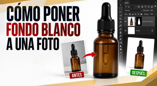 Tutorial para poner fondo blanco a una foto. Muestra un antes y después de una botella de vidrio con gotero.