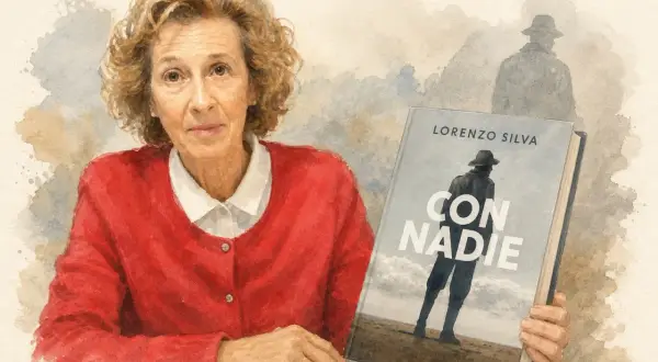 Retrato acuarela de mujer con suéter rojo, sosteniendo el libro "Con Nadie" de Lorenzo Silva.